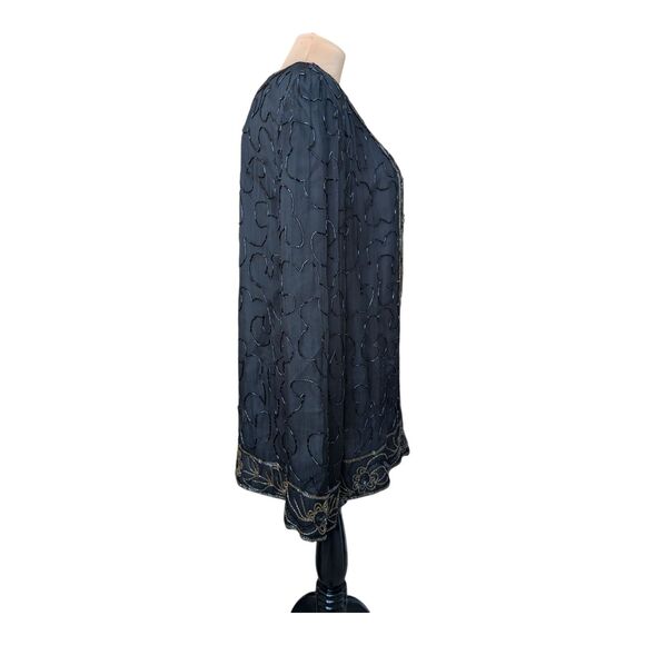 JMD New York Black Sequin Beaded Silk Elegant Dinner Evening Jacket Size Large - Picture 2 of 10